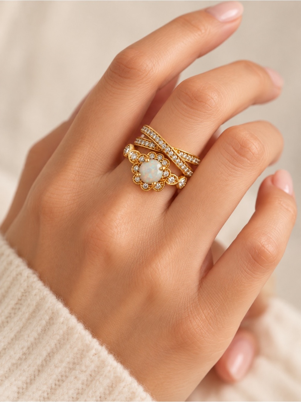 Gold-Tone Opal-Look Floral & Crossover Ring Set (R40) - Picture 1 of 7